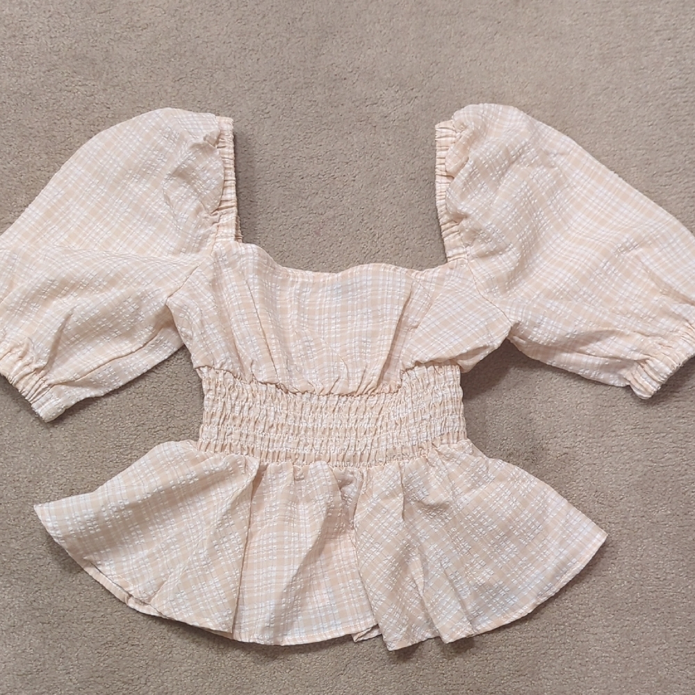 SHEIN Beige Plaid Puff Sleeve Blouse